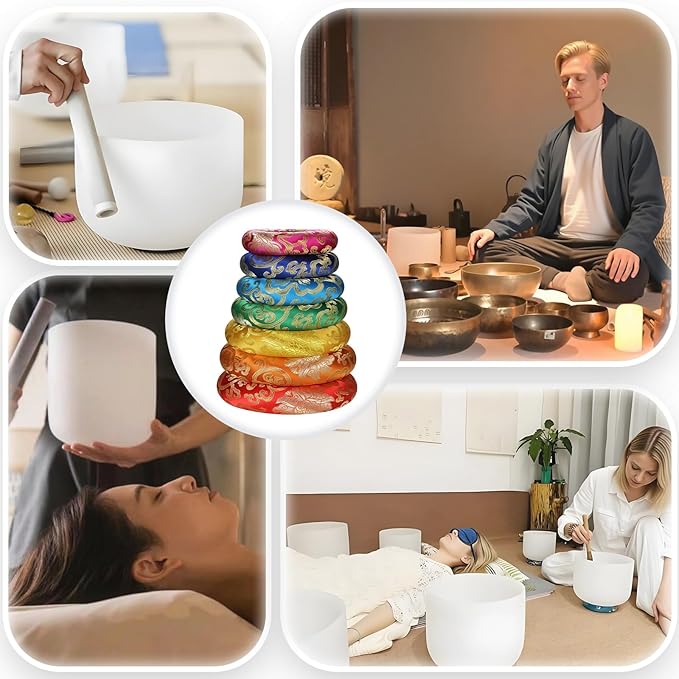 18 Pcs Singing Bowl Cushion Set for 6-12" Tibetan Singing Bowls, 7 Rainbow Silk Round Cushion, WoodMallet,128Hz Tuning Fork Kit, 7 Chakra Stones - for Meditation Sound Healing and Crystal Sound Bowls MIAKEED