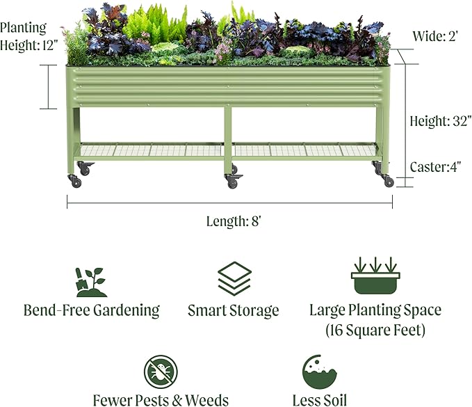 Rolling Elevated Raised Garden Bed-V Series, 2' x 8' Garden Beds with Legs & Storage Rack for Patio & Porch, 1400 Lbs Weight Capacity, Outdoor Planter Box for Vegetables Flower Herbs, Olive Green - Bloomnest