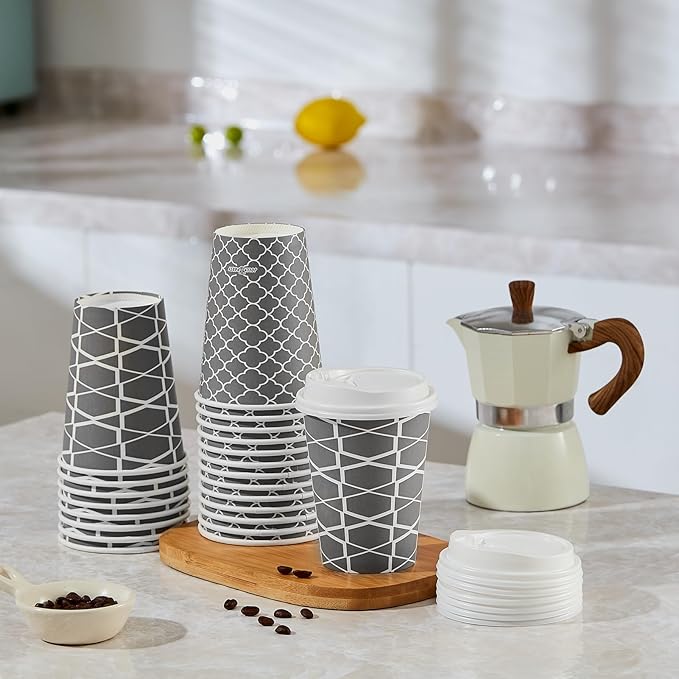 JOLLY PARTY Disposable Coffee Cups with Lids -12 oz (100 Sets) To Go Cups, Paper Coffee Cups for Beverages Espresso Tea, Suitable for Cafes, Offices and Home - Bloomnest