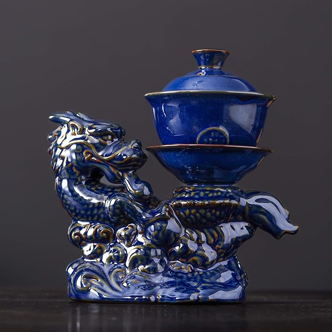 Semi Automatic Tea Set Ceramic Teapot with Infuser Magic Teapot with 8 cups (Dark Blue Dragon-B) - Bloomnest