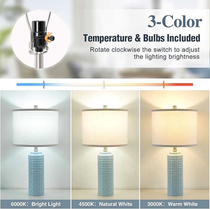 Luvkczc 24.8" Modern Ceramic Bedside Lamps Set of 2, 3 Color Temperature & Bulbs Included - Nightstand Lamps for Bedroom, Living Room, Office, Entryway Decor - Bloomnest