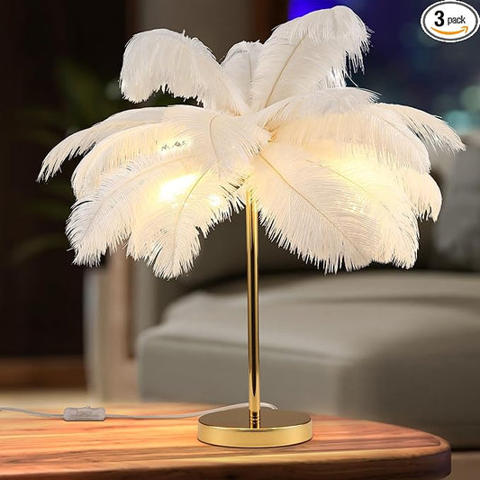 MAYOLA Modern Ostrich Feather Table Lamp with Plug in Wire,3-Light Bedside Floor Lamp for Living Room, Bedroom and Office 24” Tall Feather Desk Lamp (White, Table Lamp-Metal) - Bloomnest