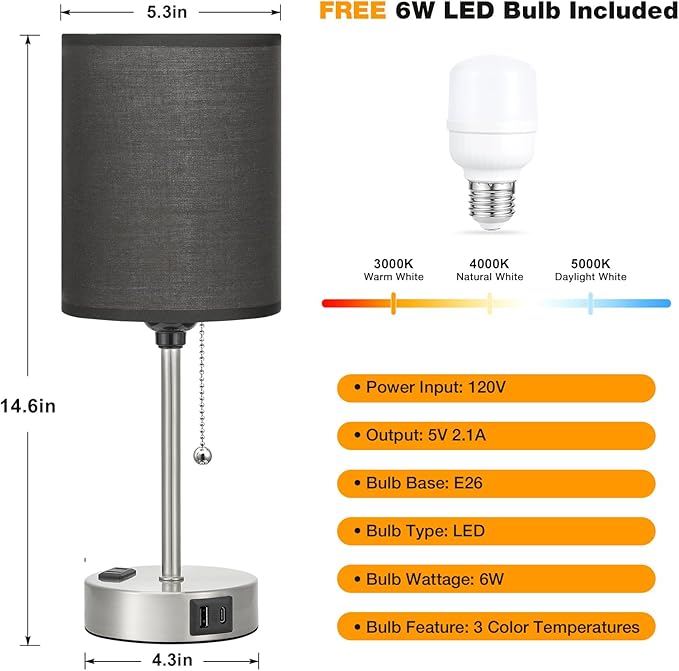 Black Table Lamp for Bedroom Nightstand - 3 Color Temperature Bedside Lamp with USB C and A Ports, Pull Chain Lamp for Bedroom with AC Outlet, Small Lamps Silver Metal Base for Kids Boys/Dorm Room - Bloomnest
