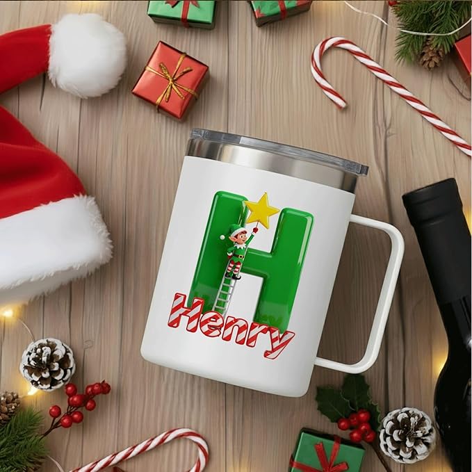 Personalized Christmas Insulated Coffee Mug with Handle – [H] Double Wall Stainless Steel Travel Tumbler for Hot & Cold Drinks – Unique Holiday Gift for Men, Women, & Kids (B124) - Bloomnest