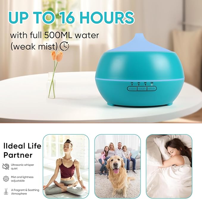 HAPPTWS 500ML Essential Oil Diffuser - BPA Free Ultrasonic Aromatherapy Diffuser, with 7-Color Lights Waterless Auto Shut Off for Home、Room、pet Room - Blue HAPPTWS