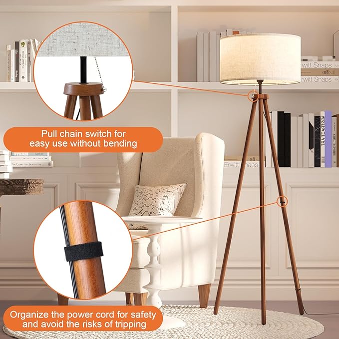 LiteHistory Wood Tripod Floor Lamps for Living Room, Bedroom, and Office,Standing lamp with Beige Linen Shade, 12W Three-Color Bulb Included, Pull Chain Switch, Tall lamp for Mothers Day Gifts, Brown - Bloomnest