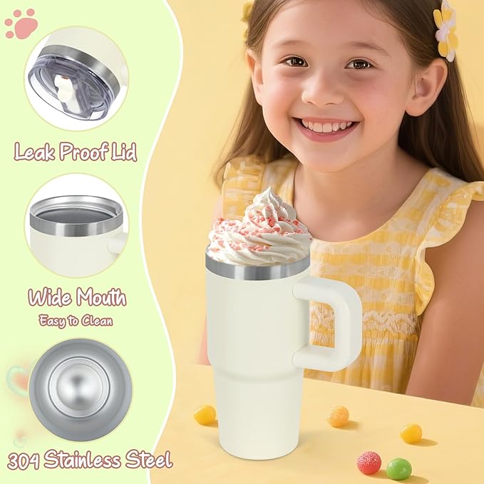 Cosictic 14 Oz Flip Straw Tumbler with Handle for Kids, Stainless Steel Double Wall Insulated Cup for Children with Flip Top Lid, 14 Oz Leak-proof Cups for Kids, Cream - Bloomnest
