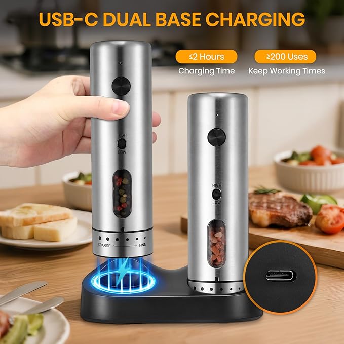 Electric Salt Grinder Set with Rechargeable Base Stainless Steel Grinders with Variable Grinding Speed, External Adjustable Coarseness and White LED Light, Silver - Bloomnest