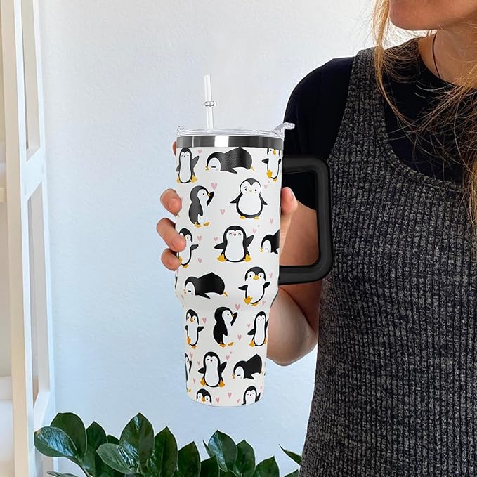 Ceovfoi 40 Oz Penguin Tumbler With Handle, Coffee Travel Mug Cup Water Bottle, Penguin Decor and Gifts for Women - Bloomnest