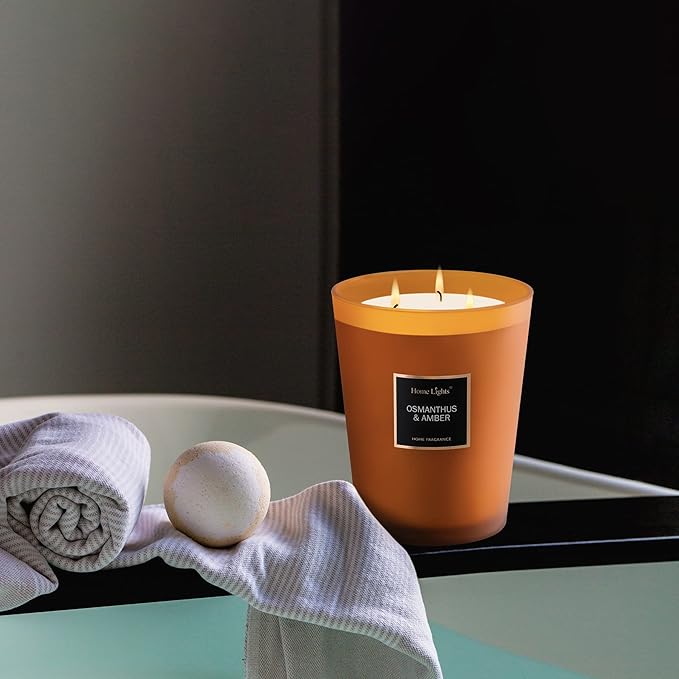 HomeLights Large Jar Candle-33.3 Oz. Natural Soy Aromatherapy Candle | Osmanthus Amber Scent | Up to 130 Hours Burn Time with 3 Cotton Wicks | Home Decorative Fragrance Candle Gift - Bloomnest