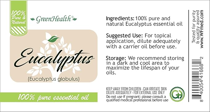 GreenHealth Eucalyptus Essential Oil 4 fl oz – 100% Pure & Natural – Aromatherapy Oil for Diffuser, Air Freshener, Cleaning, Home Fragrance – Therapeutic Grade – Large Value Size