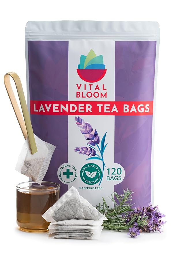 Vital Bloom 120 Tea Bags Lavender Tea, Stress Relief Herbal Tea, Sleepytime Tea, 100% Natural- No Sugar, Caffeine Free, No Gluten, Vegan - Bleach Free (Free Tongs Included) - Bloomnest