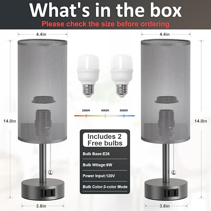 Fenmzee Dark Grey Bedside Table Lamps Set of 2-3 Color Temperatures Pull Chain Lamp with AC Outlet Charging Port, Small Round Night Stand Lamps for Bedroom, Bed Side Light with E26 LED Bulbs - Bloomnest