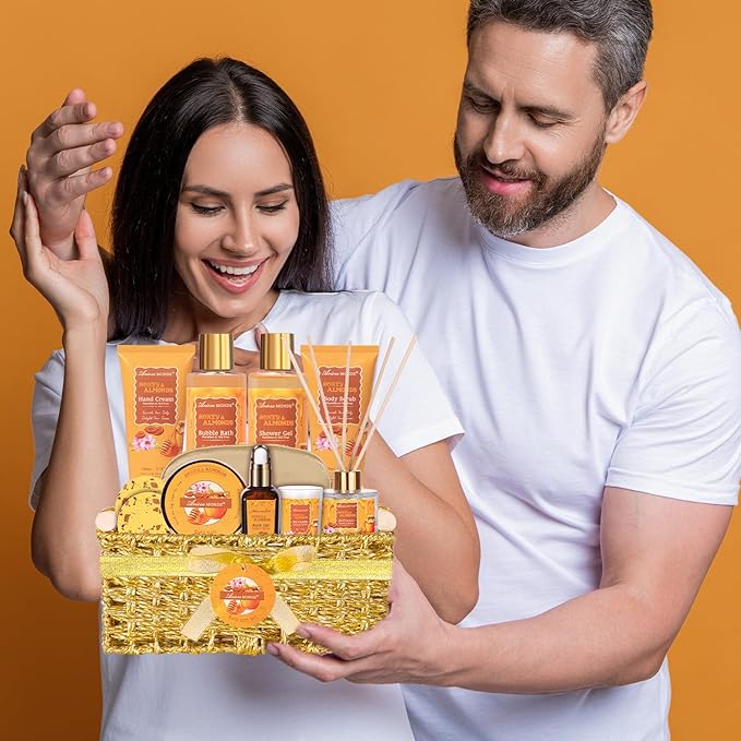 Gift Baskets for Women, Bath and Body Gift Set for her with 13pcs Honey Almond Scented Spa Gifts for Women, Bath Sets Includes Scented Candle, Shower Steamer, Bubble Bath, Bath Salt. Mothers Day Gifts - Bloomnest
