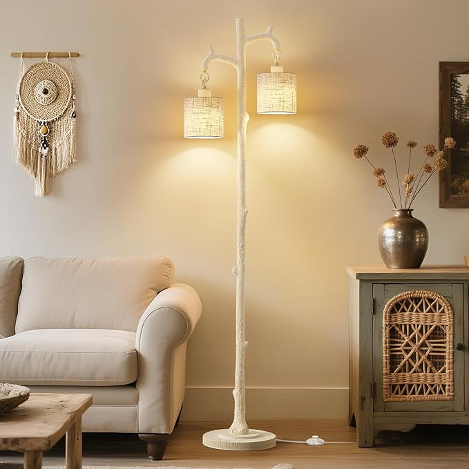 Floor Lamp for Living Room - 69" Rustic Farmhouse Tree Trunk Tall Lamp - Country Resin Vintage Reading Light with Linen Shade Standing Lamps for Bedroom Office Classroom Home Decor (Almond White) - Bloomnest