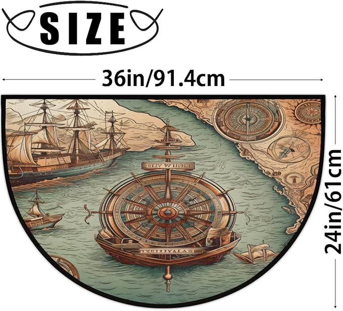 Half Round Door Mat, Compass Sailboat Non-Slip Half Circle Area Rug Nautical Compass Doormat Washable Durable Home Decor Half Moon Rug for Floor Indoor Outdoor Living Room Bedroom Kitchen Patio - Bloomnest