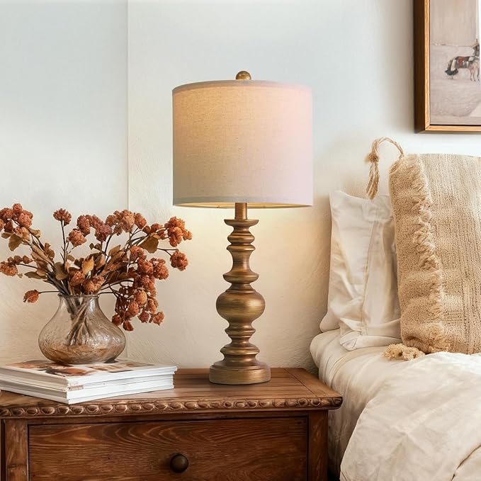 BOBOMOMO 24" Traditional Lamps Set of 2 – Antique Gold Bedside Lamps with Linen Shades, Elegant Medium Farmhouse Lamps for Living Room, Bedroom, and Hallway, Ideal for Warm, Cozy Spaces - Bloomnest