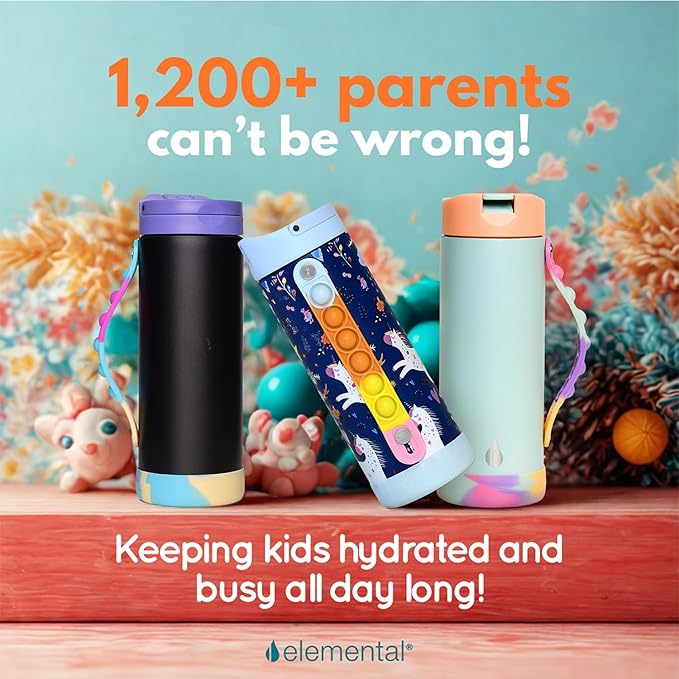 Elemental Iconic Kids Water Bottle for School - 100% Leak-Proof Insulated Water Bottles with Straw Lid & Pop-It Handle for Boys & Girls - Triple-Wall Insulated & BPA-Free, 14oz – Black Tie Dye - Bloomnest