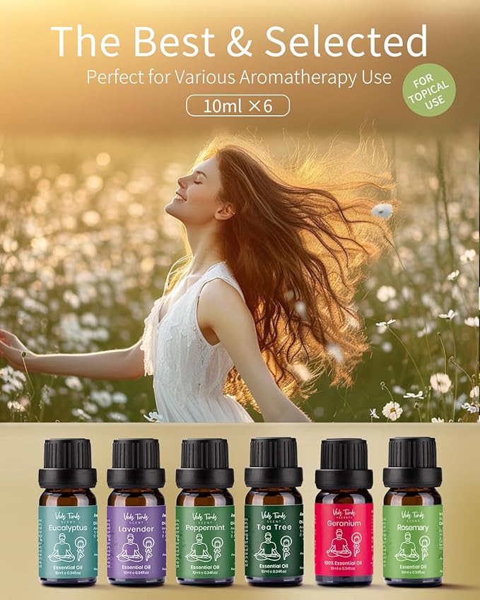 VTS Essential Oils Set (6 x 10ml) - Lavender, Peppermint, Eucalyptus, Tea Tree, Geranium, Rosemary, Aromatherapy Oils Gift Set for Home Diffusers, Skin & Hair Care, Soap & Candle Making, Humidifiers - Bloomnest