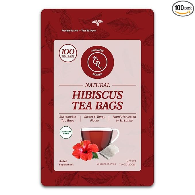 Gourmet Royale Hibiscus Tea, 100 Count, Sustainable Tea Bags, Pure Hibiscus Flowers, Caffeine & Sugar Free, Non-GMO & Vegan, Grown in Sri Lanka, (Pack of 1) - Bloomnest
