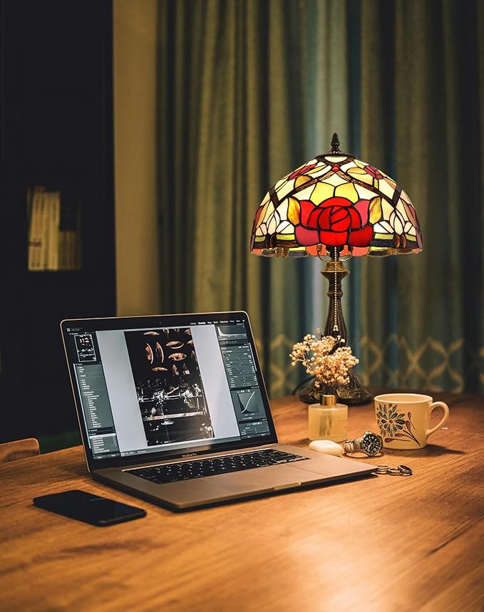 Tiffany Table Lamp, 12-inch Stained Glass Lamp for Living Room, Dining Room, Bedroom, Study Room, Office (Red Rose) - Bloomnest