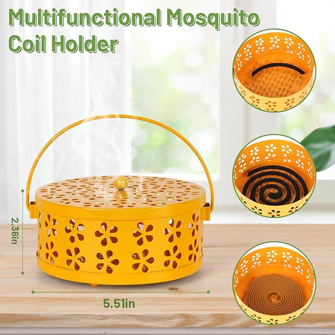 Portable Iron Mosquito Coil Holder with Handle Round Heat-Resistant Incense Holder (Yellow) - Bloomnest