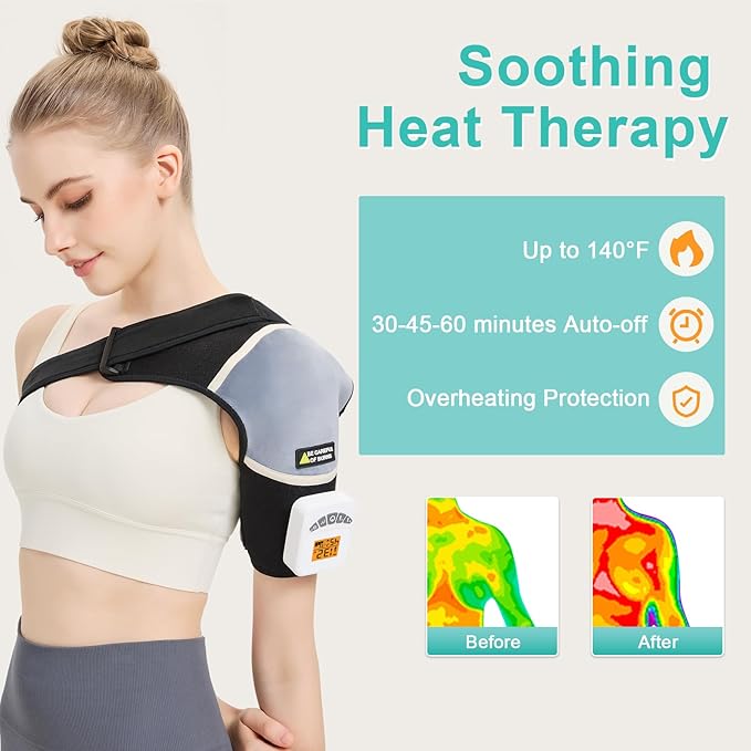 AOBOCO Cordless Shoulder Heating Pad with Vibration, 5000mAh Rechargeable Shoulder Massager for Rotator Cuff Pain Relief, Portable Heated Shoulder Brace Wrap, 104℉-140℉ Heat Levels, 3 Vibration Modes - Bloomnest
