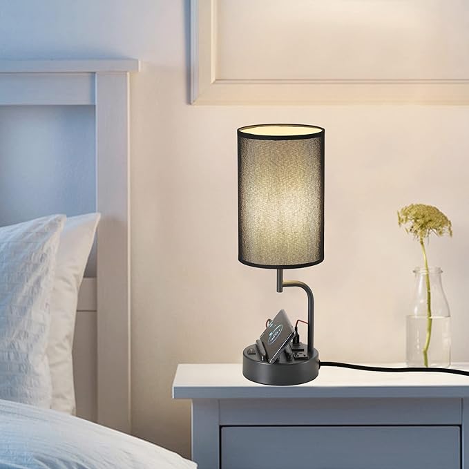 Dreamholder Table Lamp with 3 USB Charging Ports, Modern Desk Lamp with AC Outlet and Phone Stands, Perfect Bedside Lamp for Bedroom, Living Room, Office (Pack of 2), Black - Bloomnest