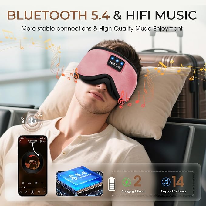 Sleep mask Headphones,100% Blackout 3D Zero Eye Pressure Bluetooth Sleep mask Breathable Eye mask with Bluetooth Headphones Sleep Headphones for Side Sleepers, 14H Playtime&Bluetooth 5.4 Pink - Bloomnest