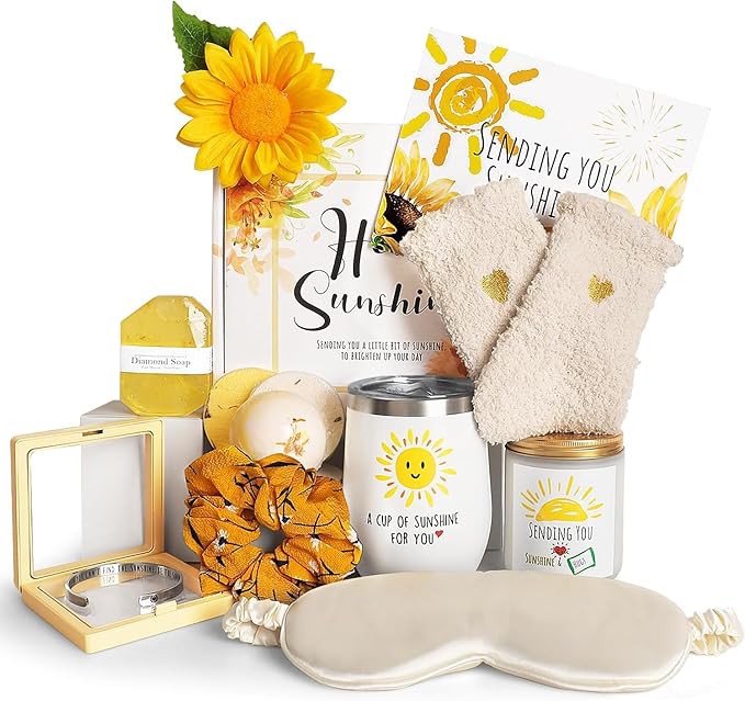 Birthday Gifts for Women, Sending Sunshine Christmas Gifts, Get Well Soon Gifts Basket Care Package Unique Spa Gifts Box with Wine Glasses for Thinking of You Her Sister Best Friend