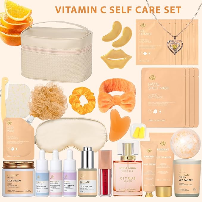 33 pcs Valentines Day Gifts for Women, Orange Facial Kit, Skin Care Gift Set, Self-Care Kit, Spa & Bath & Body Basket Gift, Beauty Bag, Face Gel Mask, Pampering Kit, Birthday Gift, Mother Day - Bloomnest