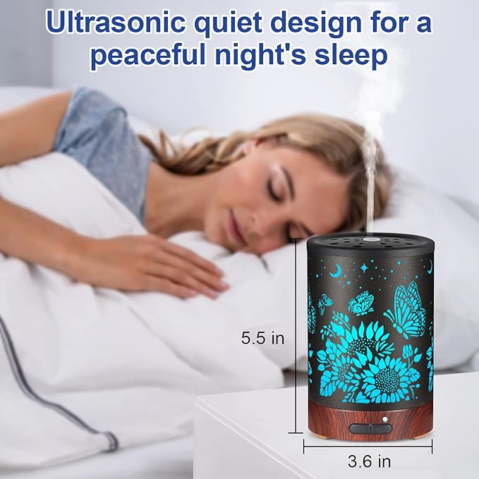 Essential Oil Diffuser- Aromatherapy Diffuser with7 Colors Light and Auto-Off for Women Metal Cool Mist Humidifier for Home and Office for Mom Women（Sunflower + Butterfly） - Bloomnest