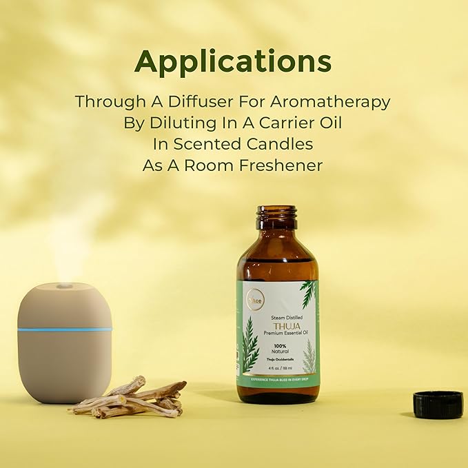 My Ace Pure & Natural Thuja Essential Oil – Steam-Distilled Thuja Orientalis | 100% Natural Oil for Diffuser, Aromatherapy, Skin & Hair Care, Massage, Soap & Candle Making – 4 fl oz with Dropper MyAce