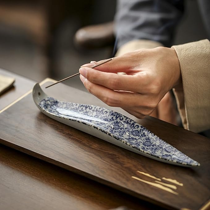 Mini Chiminea Ceramic Incense Burner, Handcrafted Clay Holder for Palo Santo and Sticks, Floral Vine Design for Meditation, Yoga, Zen Home Decor (Grey with Navy Blue Bamboo Leaf) - Bloomnest