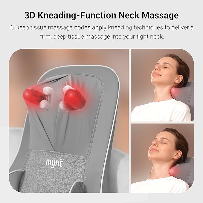 Mynt 2D & 3D Shiatsu Neck and Back Massager for Chair with 10 Deep Kneading Nodes, Adjustable Back Massage with Heat, Portable Massage Chair Pad (Gray) - Bloomnest