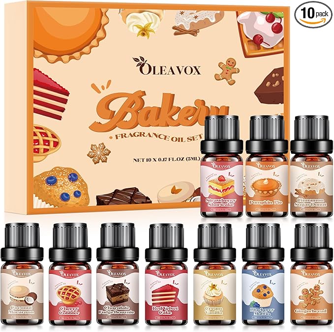 Bakery Essential Oils Set,Premium Fragrance Oil for Diffusers, Scents for Candle & Soap Making, Pumpkin Pie, Cream Vanilla, Gingerbread,Cinnamon Sugar Donut and Cake More 10x5ml,Aromatherapy Oils - Bloomnest