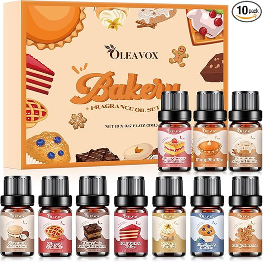Bakery Essential Oils Set,Premium Fragrance Oil for Diffusers, Scents for Candle & Soap Making, Pumpkin Pie, Cream Vanilla, Gingerbread,Cinnamon Sugar Donut and Cake More 10x5ml,Aromatherapy Oils - Bloomnest
