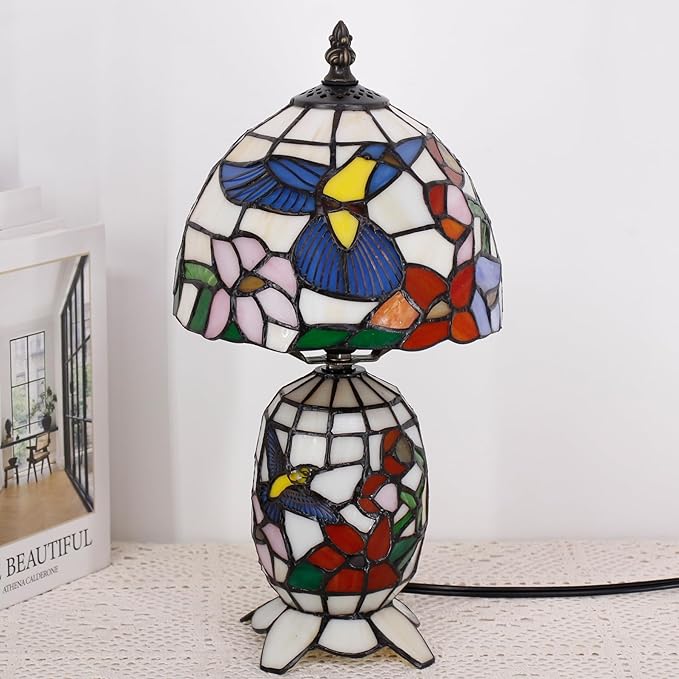 Small Tiffany Lamp Stained Glass Table Lamp Mini Mother Daughter Vase Desk Accent Light for Bedroom Bedside Reading Home Antique Style Decor 8X14 Inches (Hummingbird) - Bloomnest