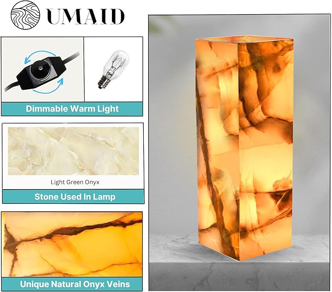 UMAID Handcrafted Onyx Marble Table Lamp, Each Lamp One-of-a-Kind with Natural Patterns, Warm Amber Glow, Dimmable Cord & Bulb, Modern Home Decor for Bedroom, Desk, Office, Living Room, or Bedside