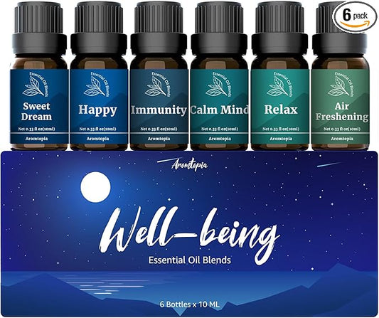 Essential Oil Blends Set, Aromtopia Essential Oils for Diffusers for Home, Well-Being Diffuser Oil Kit- 6x10ml, Relax, Happy, Calm Mind, Sweet Dream and More, for Aromatherapy, Candle Making, Massage - Bloomnest