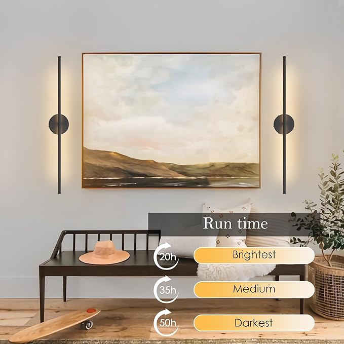 Battery Operated Wall Sconces, Dimmable Wall Sconces Set of Two, 350°Rotate, 3000K LED Black Wireless Wall Light for Living Room, Bedroom,Hallway, 40.1 Inch (2 Pack) - Bloomnest