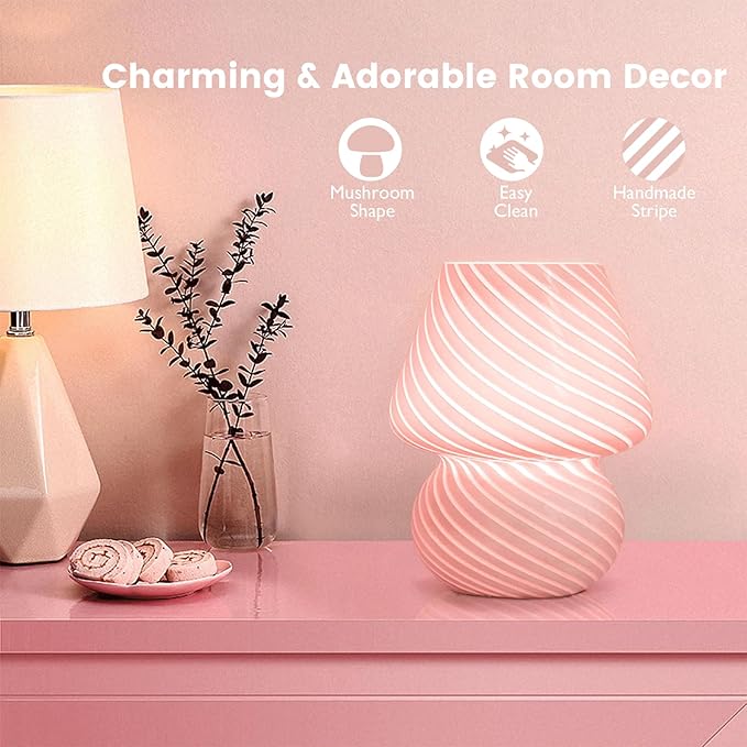 Dorm USB Plug-in Mushroom Lamp Small Bedside Table Lamp with 3 Temperature LED Bulb, Free Dimming Nights Light for Bedroom/Living Room/Entryway/Corner/Table Decor (Stripe Pink) - Bloomnest