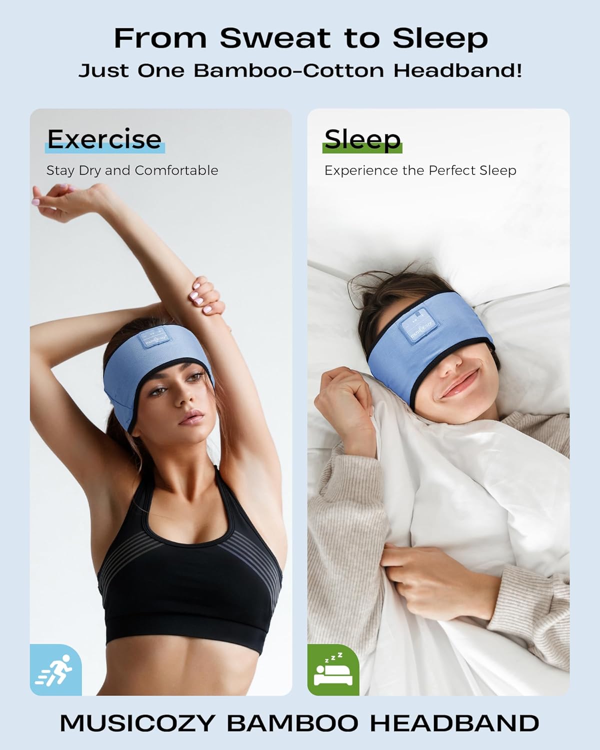 MUSICOZY Sleep Headphones Soft Bamboo Cotton Headband Headphones for Sleeping, Sleep Headphone Wireless Bluetooth 5.4 with Ultra-Thin HD Stereo Speaker for Unique Gifts(Light Blue)