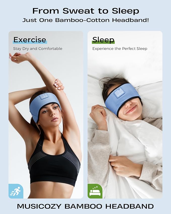MUSICOZY Sleep Headphones Soft Bamboo Cotton Headband Headphones for Sleeping, Sleep Headphone Wireless Bluetooth 5.4 with Ultra-Thin HD Stereo Speaker for Unique Gifts(Light Blue) - Bloomnest