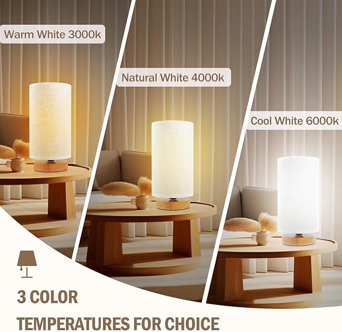 3-Color Adjustable Bedside Table Lamp for Bedroom,Minimalist Wood Base&Round Fabric Shade,Cozy Lighting Nightstand Boho Lamp,Study Reading Desk Night Stand Light for Living Room,Office,kitchen,Nursery - Bloomnest