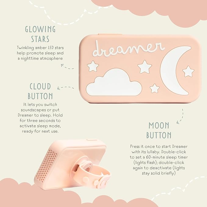 Dreamer Sound Machine - Portable BPA-Free Silicone Sleep Aid with Sleep-Promoting Frequencies, Night Light & Soothing Sounds for Babies & Kids - Peach