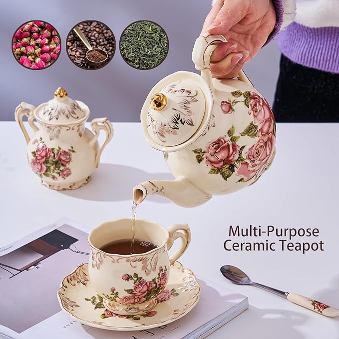 YOLIFE Iovry Rose Teapot, 35oz/ 4 Cup Ceramic Tea Pot with Infuser for Loose Leaf Tea, Vintage Floral Teapot and Gold Trim - Bloomnest