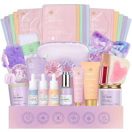 Valentines Day Gifts for Women, 38 Pcs Hydrating Skin Care Face Sheet Mask, Bath & Body Spa Set, Self-Care Pampering Gift Basket, Bath Bomb, Eye Mask, Face Serum, Lip Gloss, Mother Day, Birthday