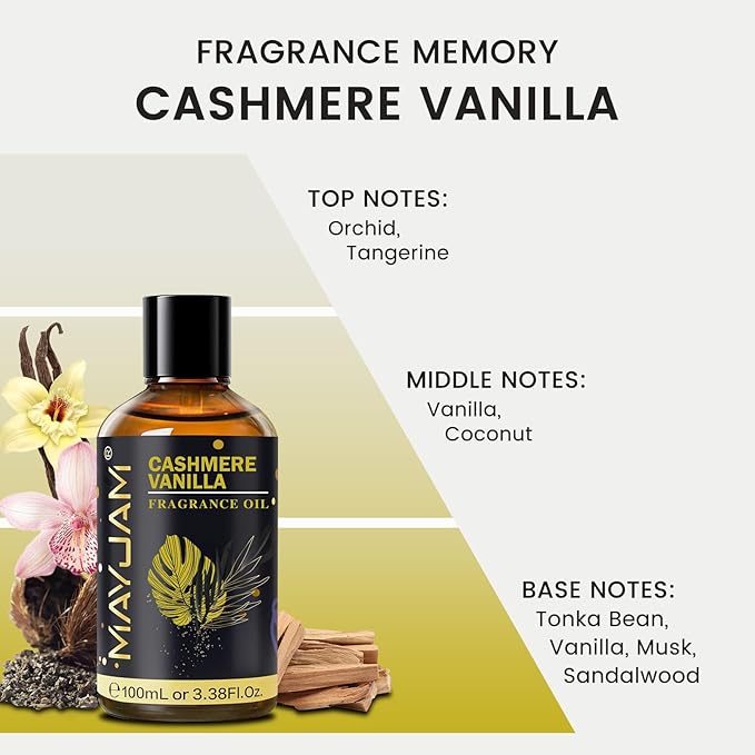 Cashmere Vanilla Fragrance Oil Essential Oil, MAYJAM 3.38FL.OZ Cashmere Vanilla Oil for Diffusers for Home, Long Lasting Scented Oils for Soap Candle Making - 100ML MAYJAM