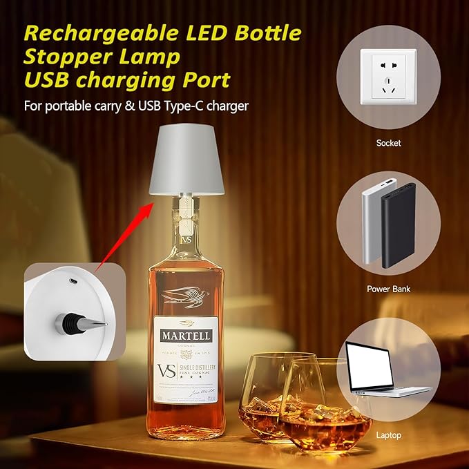 2025 New Wireless Bottle Lamp - LED Bottle Lights for Liquor & Wine Bottles, Cordless Lampshade, Whiskey Bottle Top Light, Bottle Stopper Night Light Kit, Rechargeable 3-Tone Touch-Dimmable - Bloomnest